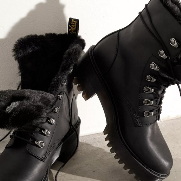 Martens Leona Fur-Lined Heeled Lace-Up Boot Black Moldova